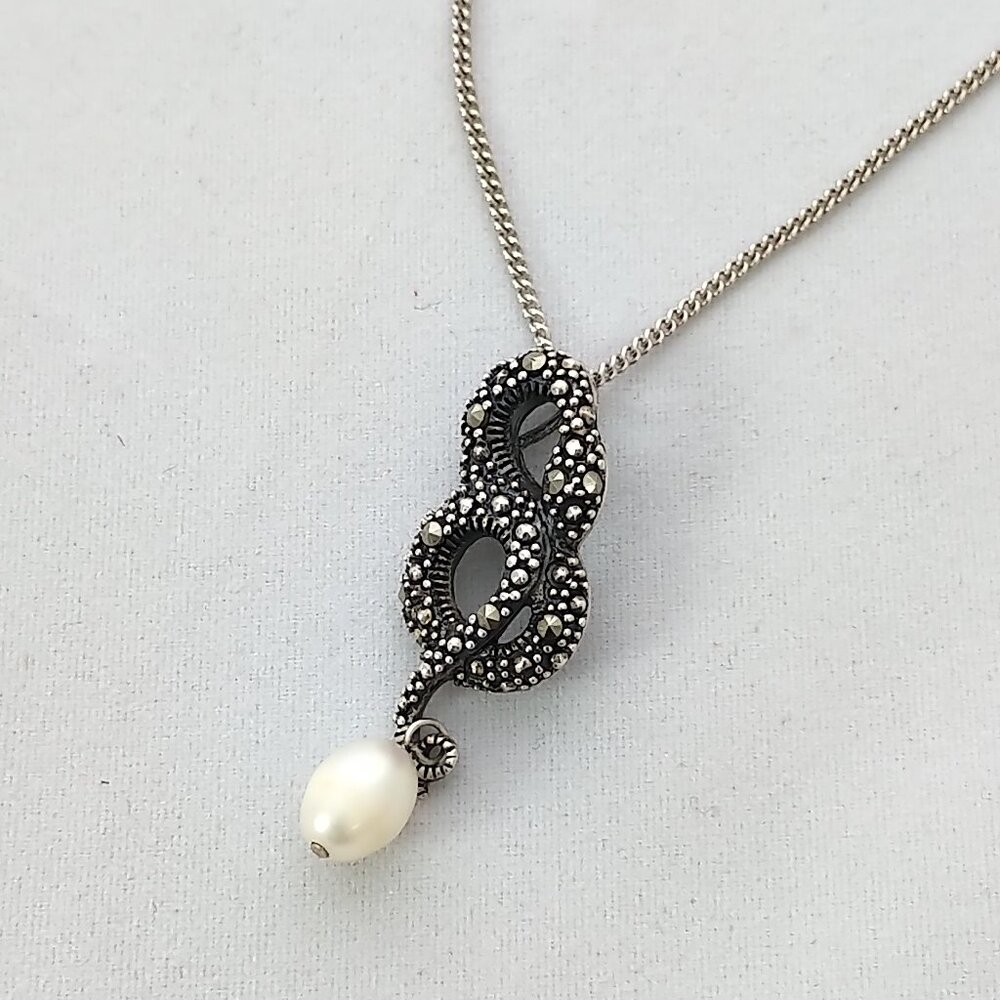 Beguiling Sterling Silver Snake Amulet Necklace w/ Marcasite & Freshwater Pearl
